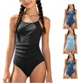 thumbnail image 1 of CUZIBR Teen Girls One Piece Swimsuit Solid Color Tankini Sun Swimwear For Kids Youth Summer Spaghetti Strap Round Neck Ribbed Ruched Dry Quickly Upf 50 Sun Beach Pool Bathing Suit,Black,15-16 Years, 1 of 7