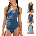 thumbnail image 1 of CUZIBR Girls One Piece Swimsuit Solid Color Tankini Sun Swimwear For Kids Youth Summer Spaghetti Strap Round Neck Ribbed Ruched Dry Quickly Upf 50 Sun Beach Pool Bathing Suit,Navy,9-10 Years, 1 of 7
