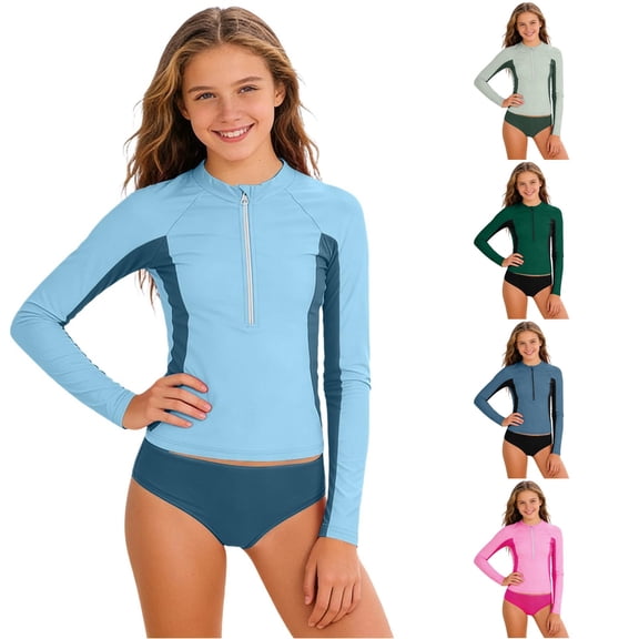 CUZIBR Teen Girls Rash Guard Swimsuit Long Sleeve Rash Guard Fron Zip Shirt With Triangle Bikini Bottom 2 Piece Swimwear For Kids Youth Casual Beach Upf50  Bathing Suit,Sky Blue,15-16 Years