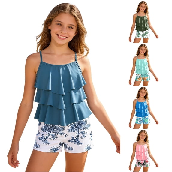 CUZIBR Teen Girls Swimsuits Two Piece Swimwear Ruffle Layered Solid Color Square Collar Adjustable Spaghetti Strap Tank Top And Floral Print Swim Shorts Tankini Bathing Suit,Navy-a,6-7 Years
