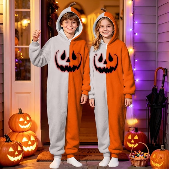 CUZIBR Teens Halloween Onesie Pajamas Boys Girls Hooded Plush Pumpkin Pajama Patchwork Zip Up Long Sleeve Jumpsuit Loungewear Funny Sleepwear,Khaki,15-16 Years