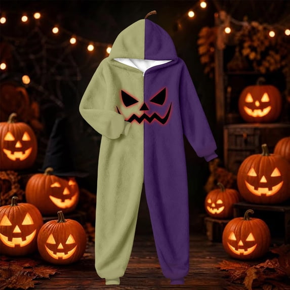 CUZIBR Halloween Onesie Pajamas Boys Girls Hooded Plush Pumpkin Pajama Patchwork Zip Up Long Sleeve Jumpsuit Loungewear Lovely Sleepwear,Dark Purple,15-16 Years