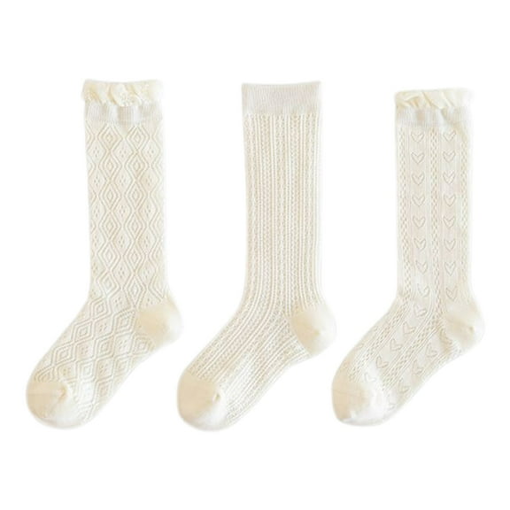 CUZIBR Teens Socks 3 Pairs Comfortable Lace Thin Knee High Socks Ruffle Trim Fashionable Dress Stockings Soft Stylish Dailywear,White,9-12 Years