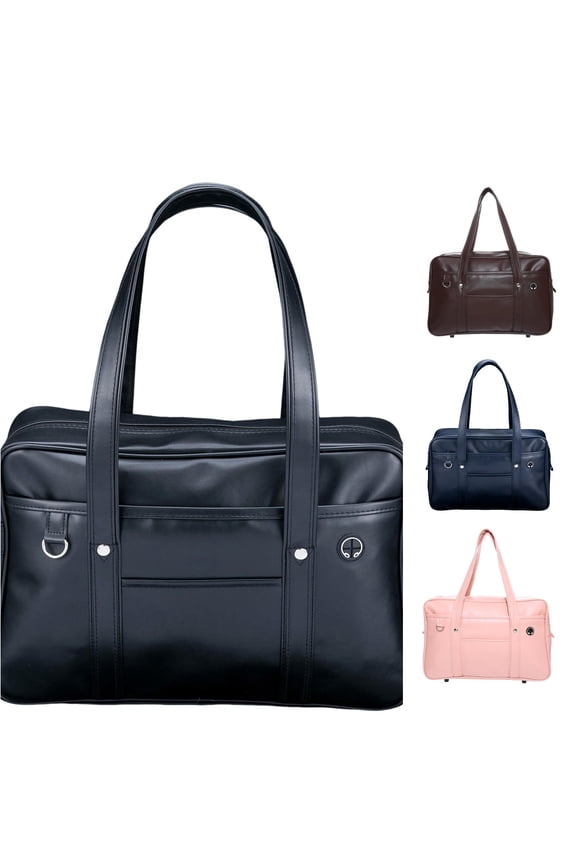 Uniform Handbag Multi Front Pockets Solid Color Leather Detachable Shoulder Strap School Laptop Briefcase For Students Handle Shoulder Bag For Girls Campus Travel