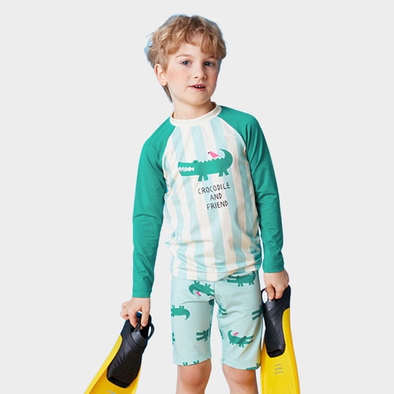 CUZIBR Toddler 3 Piece Swimsuits Rash Guard Raglan Sleeve Striped Cute Cartoon Pattern Long Sleeve Shirts Tops And Elastic Waist Shorts Trunks Swimwear Outfits Bathing Suit,Green,2-3 Years