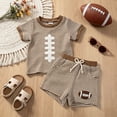 thumbnail image 1 of CUZIBR Toddler Baby Boys Summer Outfits Short Sleeve Cute Striped Rugby Football Embroidery Crewneck T Shirt Pullover Tops Elastic Waist Shorts Ribbed Beach 2 Piece Sets,Brown,12-18 Months, 1 of 7