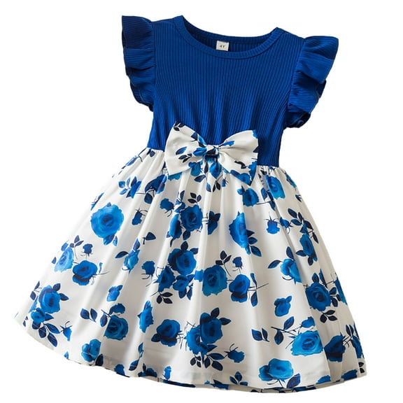 CUZIBR Toddler Baby Children Girls Floral Dress Fly Sleeve Round Neck Ribbed High Waist Patchwork Flower Print Cute Bow A-Line Dresses Ruffles Comfortable Casual Gowns,Blue,4-5 Years