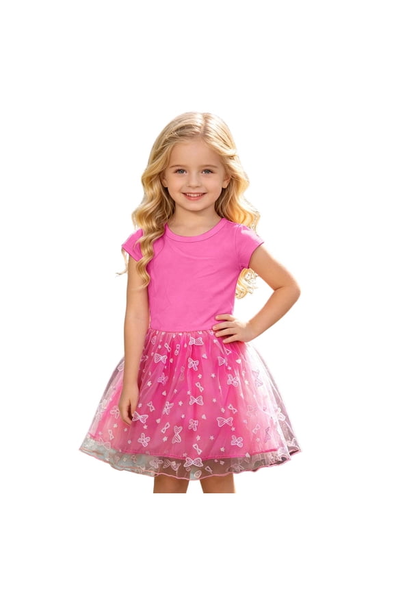 Toddler Baby Children Girls Tutu Dress Short Sleeve Round Neck High Waist Patchwork Flower Embroidery Cute Bow A-Line Layered Mesh Dresses Ruffles Casual Stylish Gowns,Hot Pink,5-6 Years