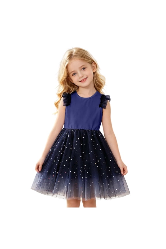 Toddler Baby Children Girls Tutu Dress Short Sleeve Round Neck High Waist Patchwork Sparkly Sequins Cute Bow A-Line Layered Mesh Dresses Ruffles Casual Gowns,Blue,4-5 Years