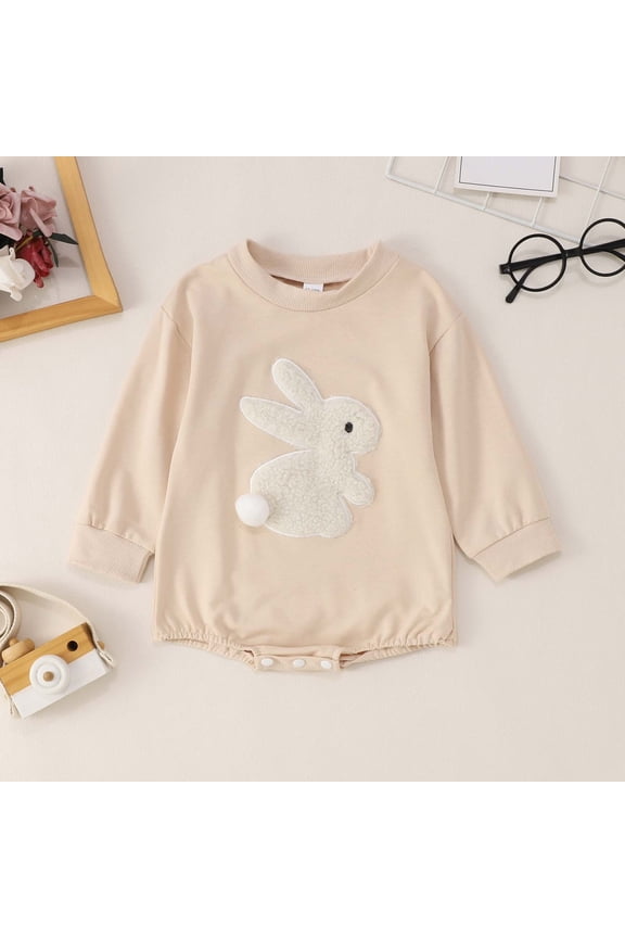 Toddler Baby Easter Bunny Romper Long Sleeve Crewneck Applique Letter Embroidery Solid Color Jumpsuit Spring Fashionable Cozy Dailywear Casual Soft Clothes,Beige,6-12 Months