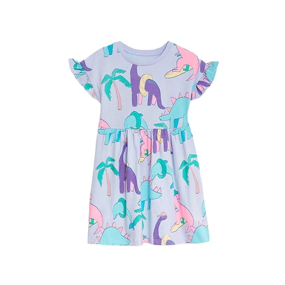CUZIBR Toddler Baby Girls Beach Dress Cute Cartoon Dinosaur Print Ruffles Sleeve Round Neck Summer Loose Fit Relaxed Lightweight Breathable Casual Princess A-Line Dresses,Light Blue,5-6 Years