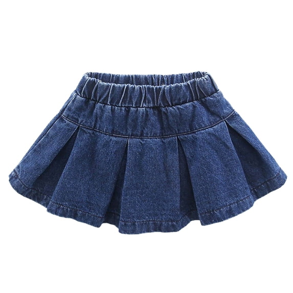 CUZIBR Toddler Baby Girls Denim Mini Skirt Solid Color High Waist A-Line Ruffles Button Vintage Stretchable Casual Summer Pleated Skirts With Pockets Stylish Washed Jean Skort,Blue,18-24 Months