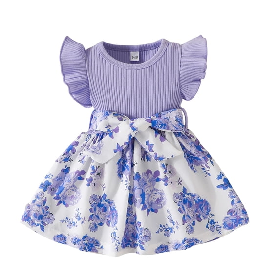 CUZIBR Toddler Baby Girls Dress Ruffled Sleeveless Round Neck Ribbed Patchwork Pleated Fashion A-Line Dresses Floral Print Summer Stylish Elegant Cozy Party Wedding Gowns,Purple,9-12 Months