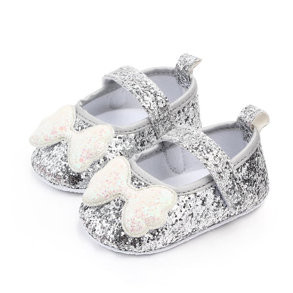 CUZIBR Toddler Baby Girls Sandals Sparkly Sequins Cute Bow Mary Jean Princess Shoes Floor Barefoot Non- Walking Sandals Flat Soles Summer Lightweight Casual Footwear ,Silver,6-12 Months
