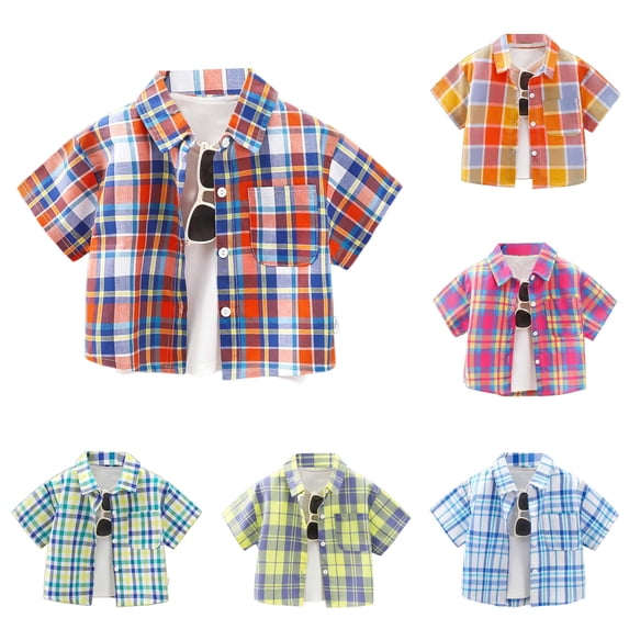 CUZIBR Toddler Baby Shirts Classic Plaid Button Down Turndown Collar Short Sleeve Fashion Shirt Front Checkered Lightweight Holiday Beach Blouse Summer Fall Casual Back To School Tops,2-3 Years