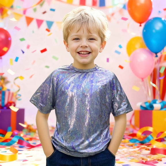 CUZIBR Toddler Basic Tops Sparkling Sequins Dance Shirt Crewneck Short Sleeve Top Loose Fit Stylish Performance Stage Streetwear Fashion Outwear Clothing,Blue,5-6 Years