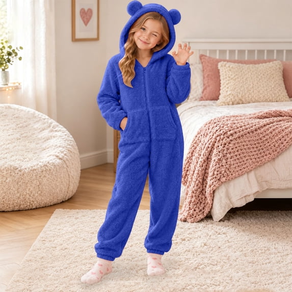 CUZIBR Toddler Bear Ear Onesie For Girls Fuzzy Hooded Pajama Jumpsuit Zip-Up Long Sleeve Cute Homewear,Blue,5-6 Years