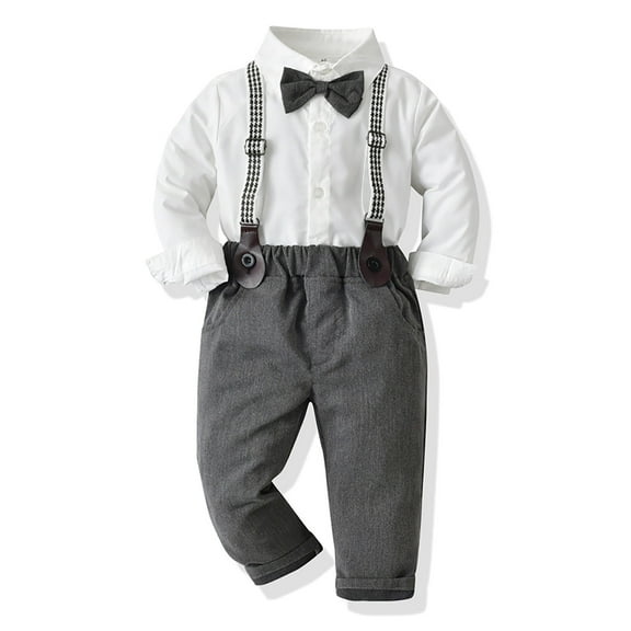 CUZIBR Toddler Boy Outfit Sets Christmas Baby Boy Suits Baby Long Sleeve Button Down Bowtie Shirt Suspender Pants Sets Outfits Breathable Dailywear For Child,Grey,12-18 Months