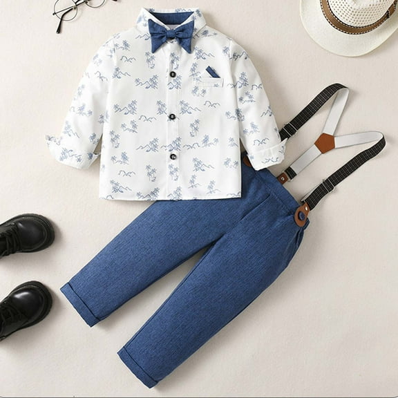 CUZIBR Toddler Boy Outfit Sets Christmas Baby Boy Suits Baby Long Sleeve Button Down Bowtie Shirt Suspender Pants Sets Outfits Breathable Dailywear For Child,Blue,3-4 Years