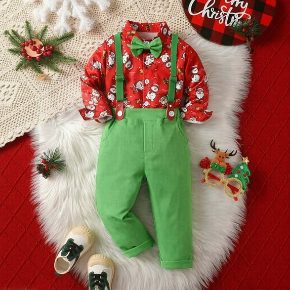 CUZIBR Toddler Boy Outfit Sets Christmas Baby Boy Suits Baby Long Sleeve Button Down Bowtie Shirt Suspender Pants Sets Outfits Breathable Dailywear For Child,Green,1-2 Years