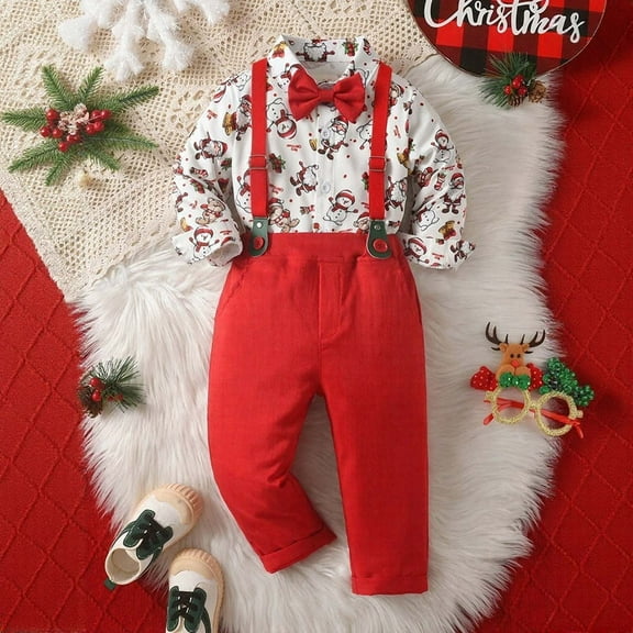CUZIBR Toddler Boy Outfit Sets Christmas Baby Boy Suits Baby Long Sleeve Button Down Bowtie Shirt Suspender Pants Sets Outfits Breathable Dailywear For Child,Watermelon Red,6-9 Months
