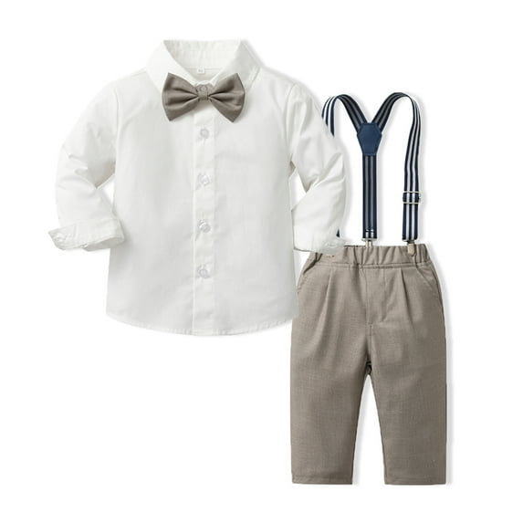 CUZIBR Toddler Boy Outfit Sets Christmas Baby Boy Suits Baby Long Sleeve Button Down Bowtie Shirt Suspender Pants Sets Outfits Breathable Dailywear For Child,Khaki,3-4 Years