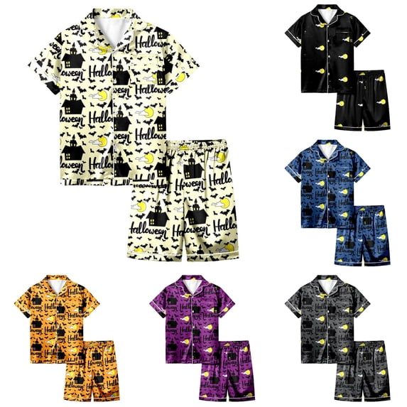 CUZIBR Toddler Boys Girls Halloween Pajamas Short Sleeve Button Down Shirt And Shorts 2 PC Sleepwear Bat Moon Graphic Lapel Smooth Loungewear Leisure Party Daily Homewear,Light Yellow,8-9 Years
