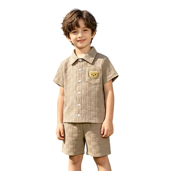 CUZIBR Toddler Boys Kids Summer Outfit Short Sleeve Button Down Textured Turndown Collar Shirts And Shorts Breathable Knit Two Piece Casual Outdoor Beach Playwear Elegant Clothes Sets,Beige,3-4 Years