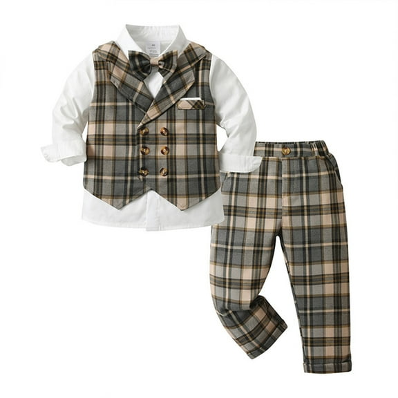 CUZIBR Toddler Boys Long Sleeve T Shirt Tops Plaid Vest Coats Pants Child Kids Gentleman Outfits Classic Dailywear For Child