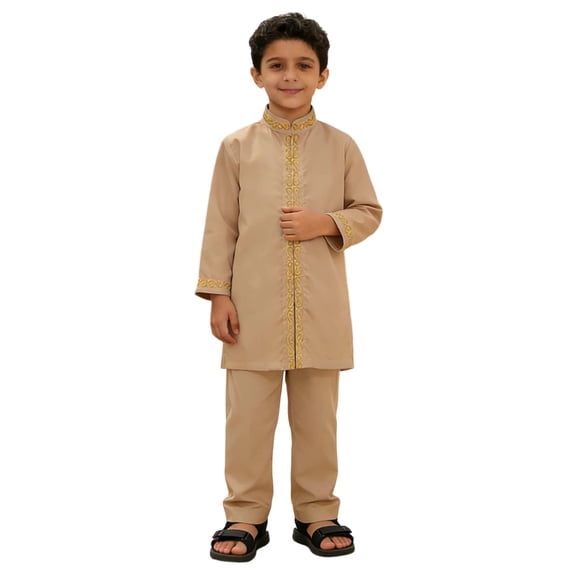 CUZIBR Toddler Boys Teenage Outfits Long Sleeve Crewneck Solid Color Tradition National Embroidery Shirts Tops Blouse And Trousers Relaxed Robe Suit 2 Piece Clothes Sets,Khaki,3-4 Years