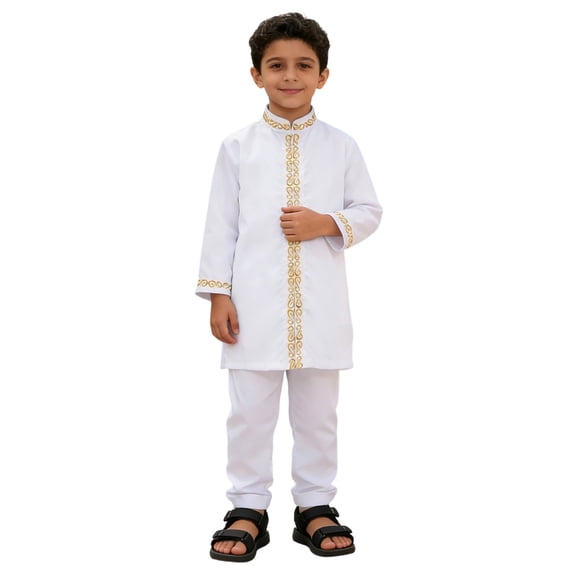 CUZIBR Toddler Boys Teenage Outfits Long Sleeve Crewneck Solid Color Tradition National Embroidery Shirts Tops Blouse And Trousers Relaxed Robe Suit 2 Piece Clothes Sets Clothing Set,White,3-4 Years