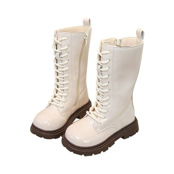 CUZIBR Toddler Children Shoes Comfortable And Soft Flat Boots Fashionable Lace Up Side Zipper Princess Boots Comfort Footwear,White,9-10T