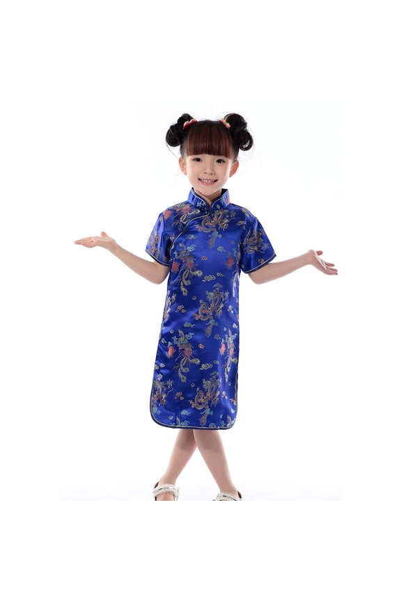 Toddler Chinese Dress Cheongsam New Year Clothing Mandarin Collar Short Sleeve Floral Print Embroidery Split Hem Birthday Party Dresses Guest Pageant Outfits,Dark Blue,6-12 Months