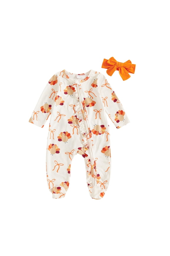 Toddler Fall Outfit Thanksgiving Romper Turkey Print Zip Up Jumpsuit With Headband Round Neck Stylish Bodysuit Fall Winter Clothing For Girls,White,3-6 Months