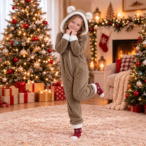 CUZIBR Toddler Girl Bear Ear Onesie Fuzzy Hooded Jumpsuit Pajamas Zip-Up Long Sleeve Funny Loungewear,Coffee,4-5 Years
