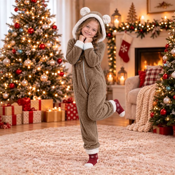 CUZIBR Toddler Girl Bear Ear Onesie Fuzzy Hooded Jumpsuit Pajamas Zip-Up Long Sleeve Funny Loungewear,Coffee,4-5 Years