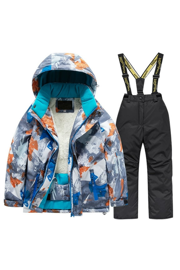 Toddler Girl Fall Outfits Camouflage Print Lined Long Sleeve Hooded Windbroof Snowboarding Ski Jacket And Suspender Trousers Set Rain Coats Warm Suit Cute Winter Outfits,Grey,4-6 Years