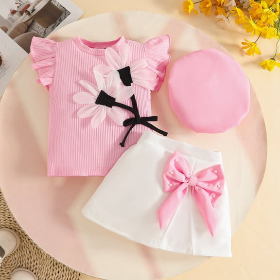 CUZIBR Toddler Girls 3 Piece Floral Pattern Round Neck Lace Trim Short Sleeve Knitted Ribbed Tops Shirt Cute Bow Solid Short Pleated Skirts Hat able Outfits Vacation Dailywear,Pink,12-18 Months
