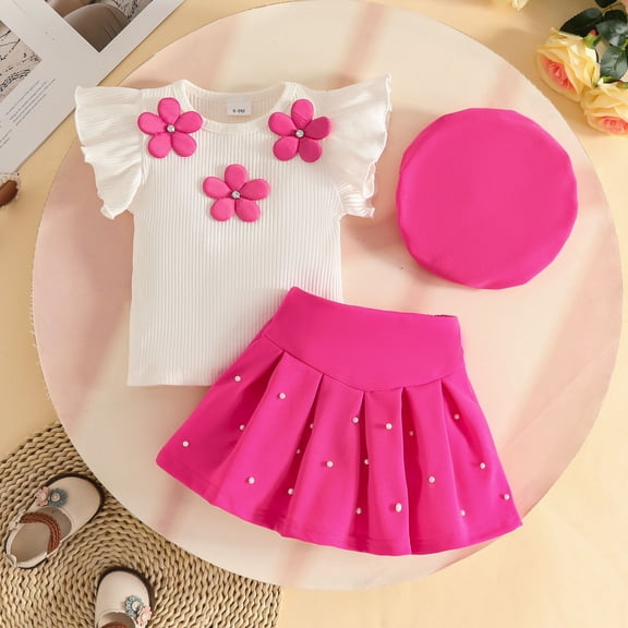 CUZIBR Toddler Girls 3 Piece Floral Pattern Round Neck Lace Trim Short Sleeve Knitted Ribbed Tops Shirt Cute Bow Solid Short Pleated Skirts Hat able Outfits Spring Travel Clothes,Hot Pink,9-12 Months