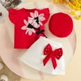 thumbnail image 1 of CUZIBR Toddler Girls 3 Piece Floral Pattern Round Neck Lace Trim Short Sleeve Knitted Ribbed Tops Shirt Cute Bow Solid Short Pleated Skirts Hat able Outfits Spring Travel Clothes,Red,2-3 Years, 1 of 2