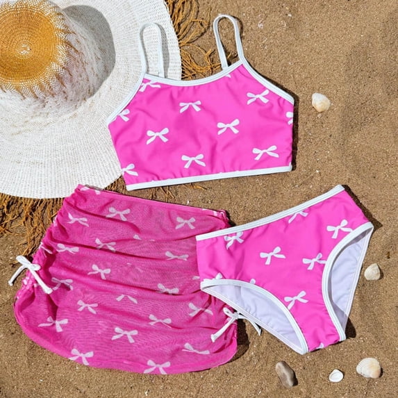 CUZIBR Toddler Girls 3 Piece Swimsuit Cute Bows Tankini Set Spaghetti Strap Scoop Neck Swimwear With Mesh Cover Up Skirts Ruched Tie Side Sun Protection Beach Pool Vacation Beachwear,Pink,10-11 Years