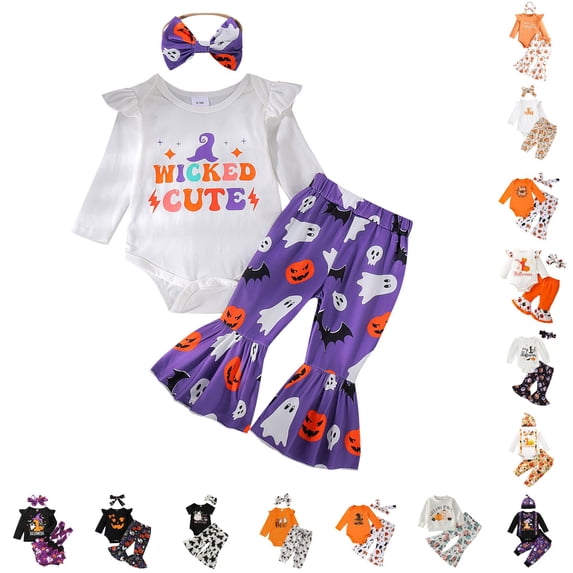 CUZIBR Toddler Girls Baby Boo Halloween Graphic Ruffle Long Sleeve Bodysuit Romper Ghost Pumpkin Bat Print Flare Pants Bow Headband 3 Piece Holiday Outfit Set,3-6 Months