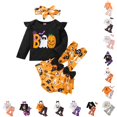 thumbnail image 1 of CUZIBR Toddler Girls Baby Boo Halloween Graphic Ruffle Long Sleeve Bodysuit Romper Ghost Pumpkin Bat Print Flare Pants Bow Headband 3 Piece Holiday Outfit Set,12-18 Months, 1 of 8