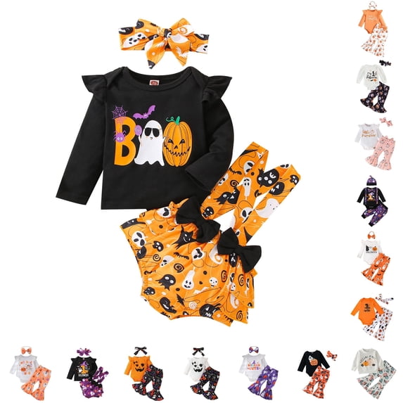 CUZIBR Toddler Girls Baby Boo Halloween Graphic Ruffle Long Sleeve Bodysuit Romper Ghost Pumpkin Bat Print Flare Pants Bow Headband 3 Piece Holiday Outfit Set,12-18 Months