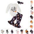 thumbnail image 1 of CUZIBR Toddler Girls Baby Boo Halloween Graphic Ruffle Long Sleeve Bodysuit Romper Ghost Pumpkin Bat Print Flare Pants Bow Headband 3 Piece Holiday Outfit Set,3-6 Months, 1 of 9