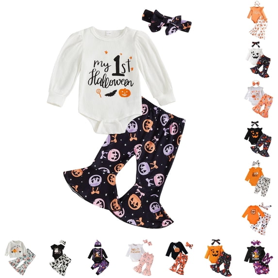 CUZIBR Toddler Girls Baby Boo Halloween Graphic Ruffle Long Sleeve Bodysuit Romper Ghost Pumpkin Bat Print Flare Pants Bow Headband 3 Piece Holiday Outfit Set,3-6 Months