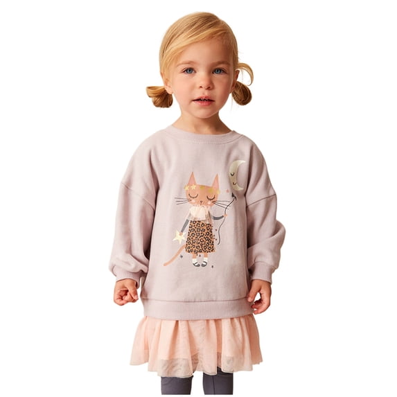 CUZIBR Toddler Girls Cartoon Cat Printed Causal O-Neck T Shirt Sweatshirt Long Sleeve Tops With Lower Hem Children Clothing Versatile Dailywear For Child