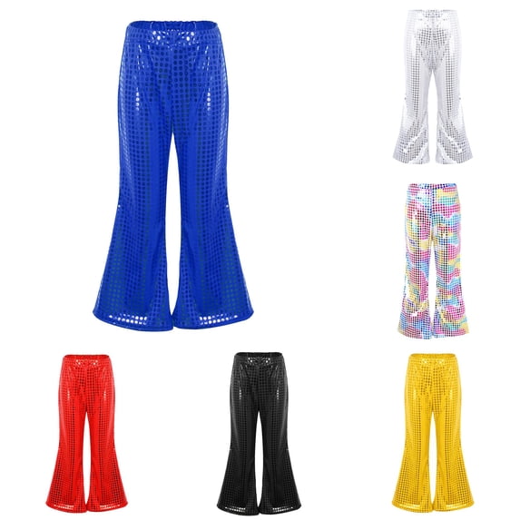 CUZIBR Toddler Girls Casual Glitter Trousers Dot Sequin Flare Pants Elastic High Waist Wide Bell Bottom Trousers For Party Stage Performance Holiday Bottom For Kids,Blue,14-16 Years