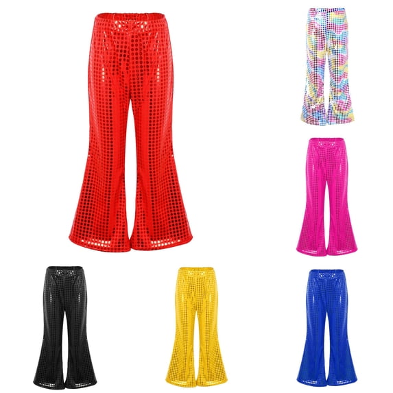 CUZIBR Toddler Girls Casual Glitter Trousers Dot Sequin Flare Pants Elastic High Waist Wide Bell Bottom Trousers For Party Stage Performance Holiday Bottom For Kids,Red,10-12 Years