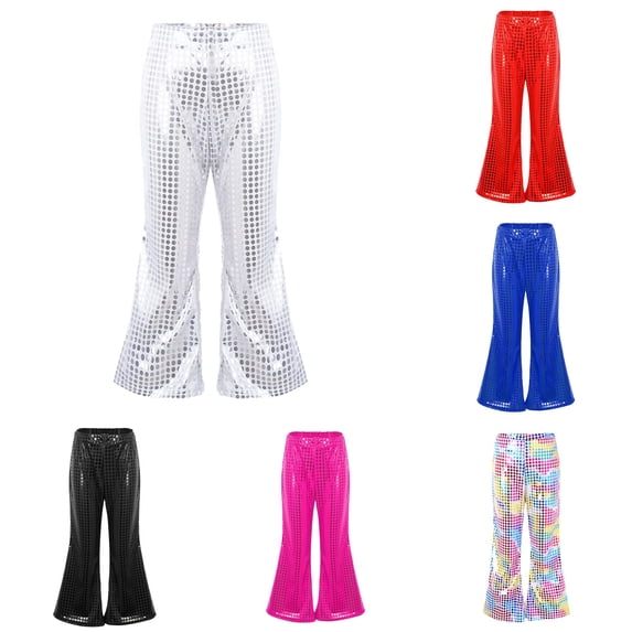 CUZIBR Toddler Girls Casual Glitter Trousers Dot Sequin Flare Pants Elastic High Waist Wide Bell Bottom Trousers For Party Stage Performance Holiday Bottom For Kids,Silver,5-6 Years